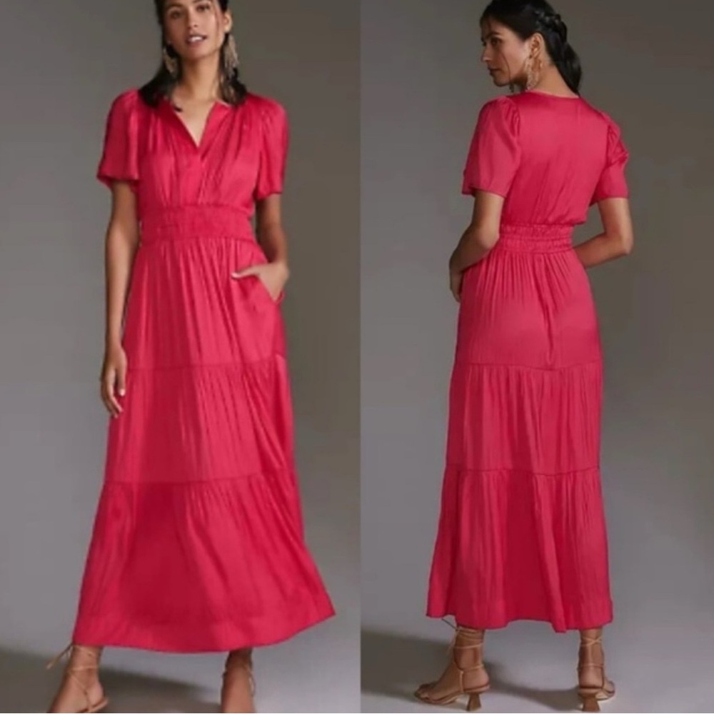 Anthropologie Somerset Satin Maxi Dress Magenta Pink Silky Tiered Sz XS NEW $170